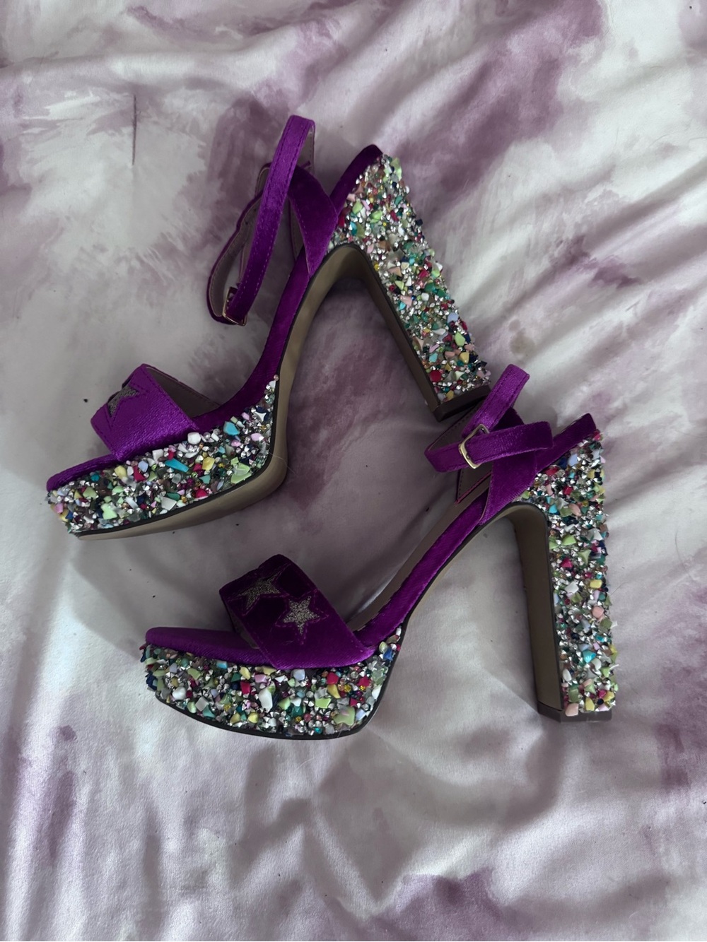Betsey Johnson Velvet Star Purple Embellished multi color platform Heels